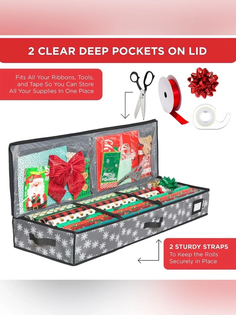 HOLDN’ STORAGE Premium Wrapping Paper Storage Container, Grey w/ Snowflakes